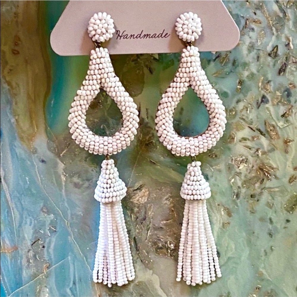 NWT Anthropologie Deepa Beaded White Hoop Chandeliers
